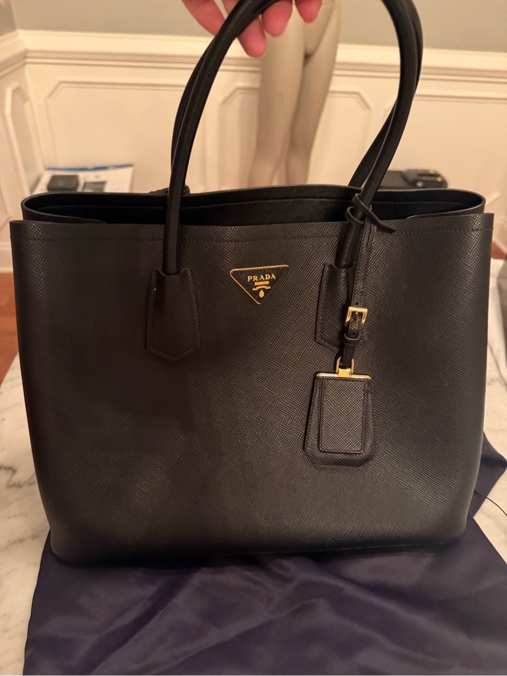 Prada Black Saffiano Leather Tote with Gold Triangle Logo